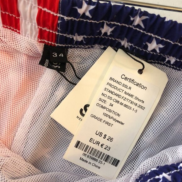 SSLR Mens Swim Trunks Mesh Lined Drawstring USA Flag Novelty Print Red Blue 34 - Picture 3 of 3